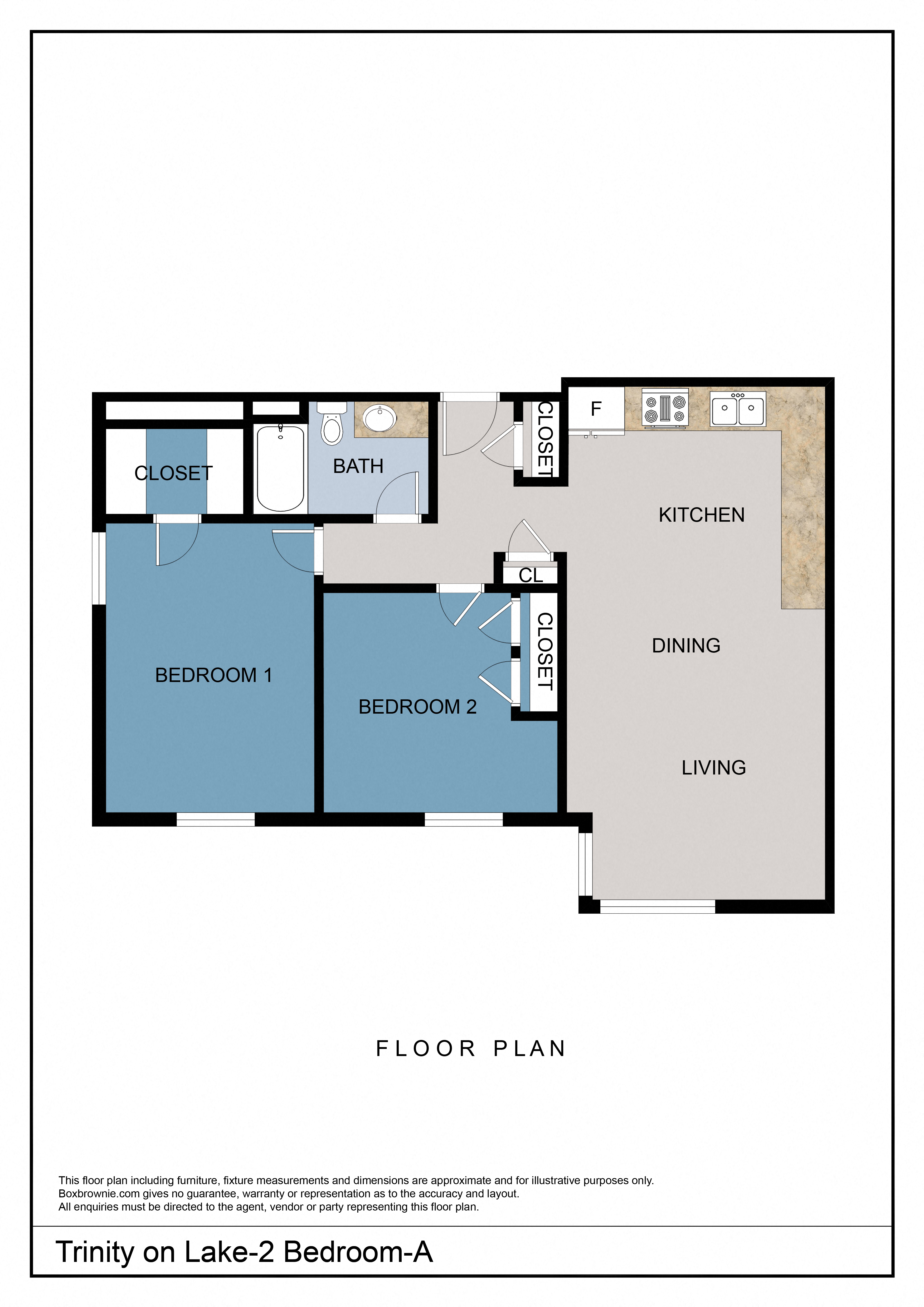 Floor plan for 2 beds, 1 bath, 767 sqft